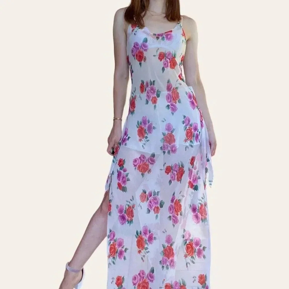 2000s y2k vintage sheer floral maxi dress - Fantasies by Morgan Taylor Medium - Picture 6 of 8